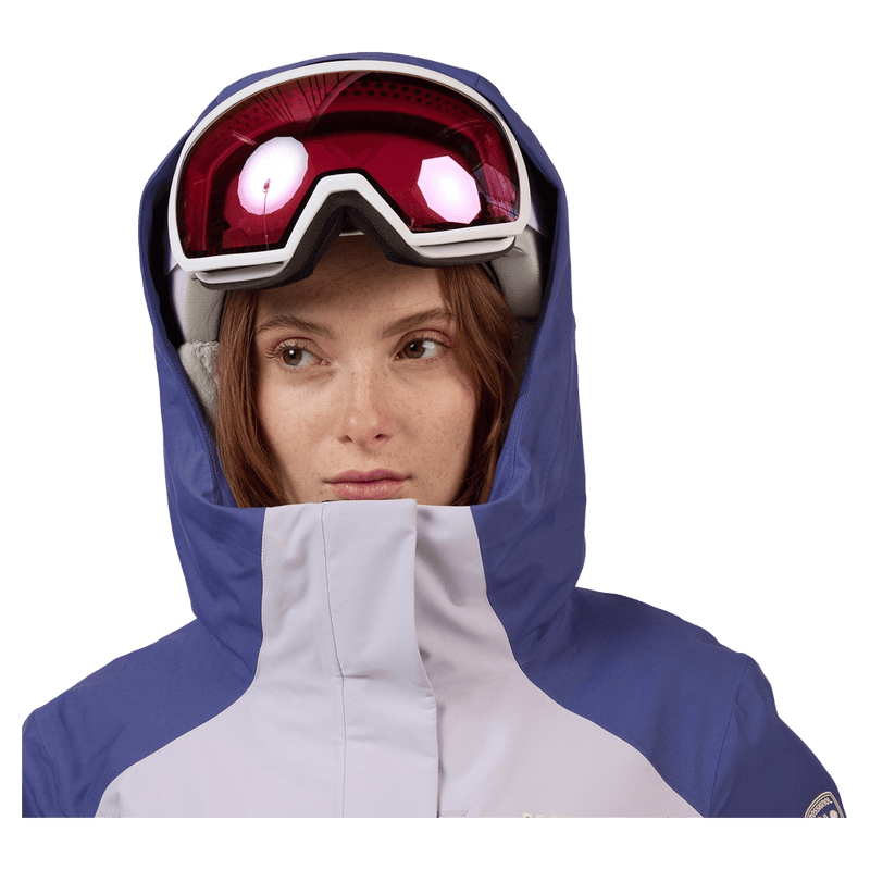 Hood view of the Rossignol VELIKA INSULATED Jacket in GALACTIC LILAC colourway, women model