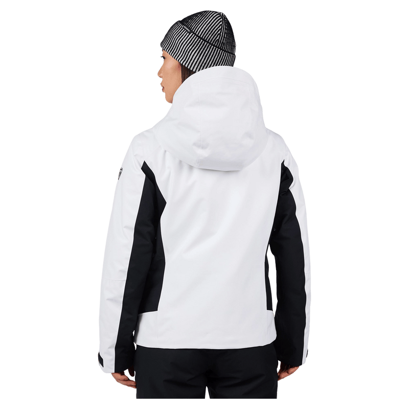 Back view of the Rossignol VELIKA INSULATED Jacket in WHITE colourway, women model