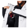Goggle pocket view of the Rossignol VELIKA INSULATED Jacket in WHITE colourway, women model