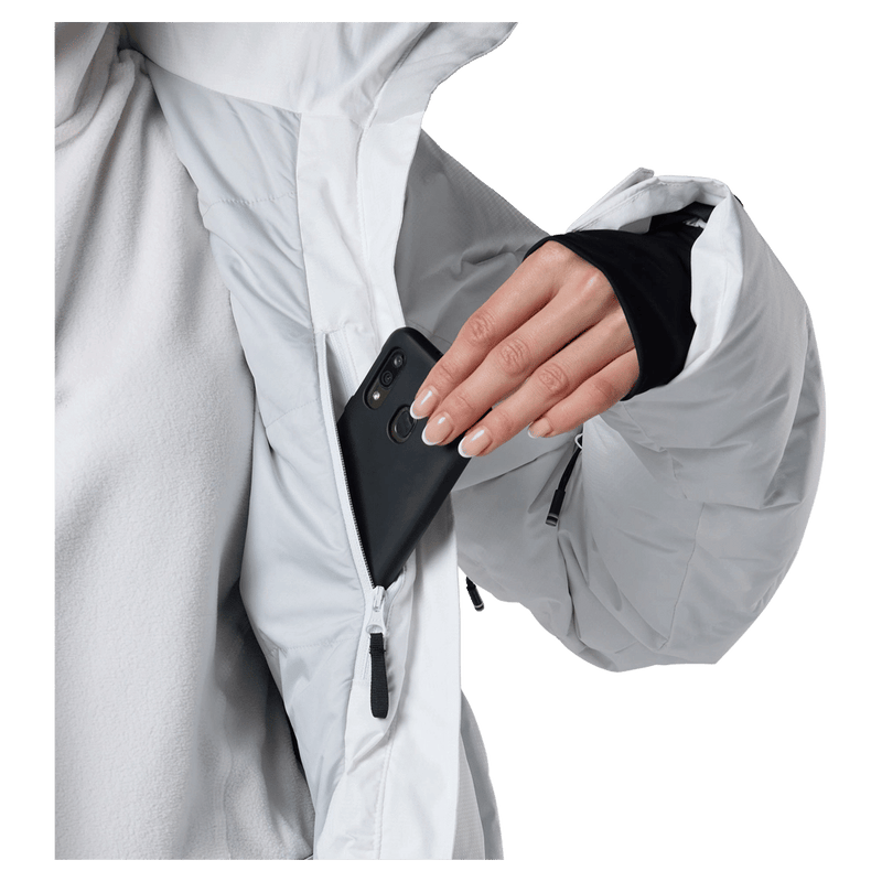 Media pocket view of the Rossignol VELIKA INSULATED Jacket in WHITE colourway, women model