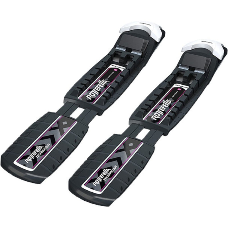 A pair of Rottefella NNNBC Manual Ski Binding in black with Rottefella logo strip and white lifting binding.