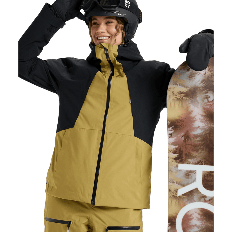 View of women in Roxy Wild Twist Snowboard Jacket - Womens in colour True Black.