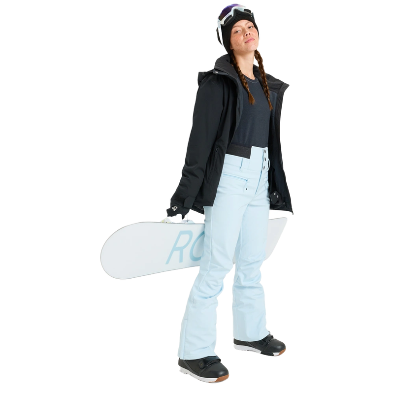 Side image of the Rising High Snowboard Pants - Womens in Ice Blue