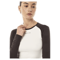 Close view of P.E Nation Signature LS Top - Womens in colour Coffee/Whisper White.