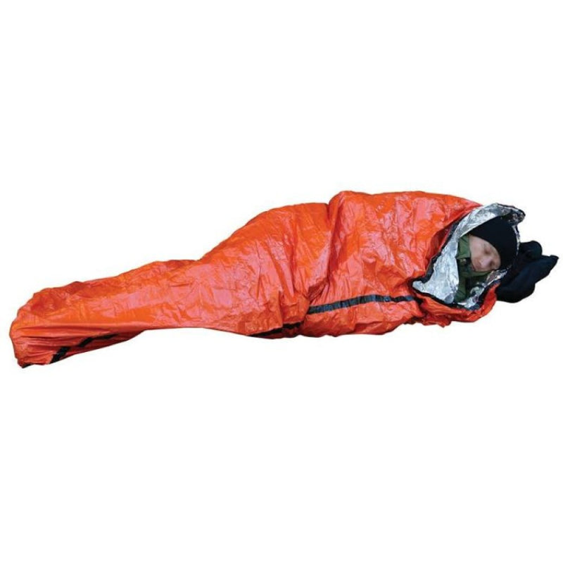 SOL emergency orange bivvy with silver inside space blanket lining shown with a male model laying inside
