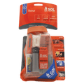 SOL Scout Survival Kit waterproof bag with clear plastic on one side and orange on the other, shown on it's Sale card in orange with pictures and diagrams.