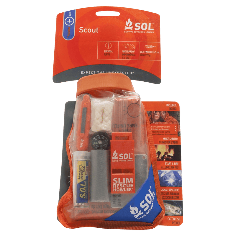 SOL Scout Survival Kit waterproof bag with clear plastic on one side and orange on the other, shown on it's Sale card in orange with pictures and diagrams.