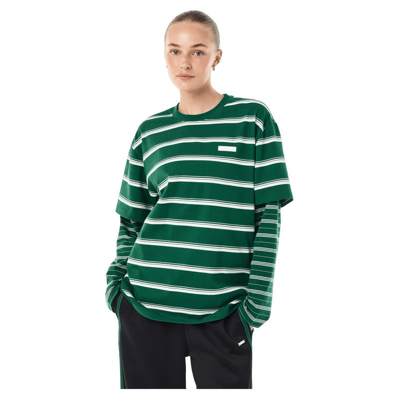 Front view of P.E Nation Spark LS Tee - Womens in colour Amazon Stripe.