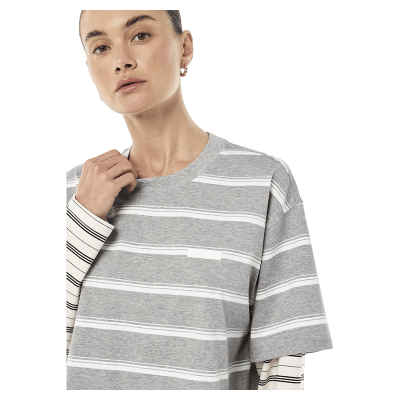 Close view of P.E Nation Spark LS Tee - Womens in colour Grey Marle Stripe.