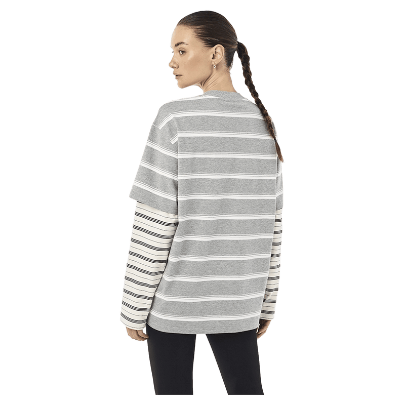 Back view of P.E Nation Spark LS Tee - Womens in colour Grey Marle Stripe.
