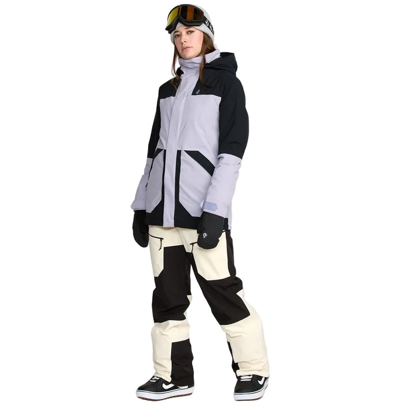 Front image of the The Volcom Stone Mica 20K Snowboard Pants – Womens with matching ski jacket in Bone colourway. Features contrast black knee, inner cuff and upper backside patches.