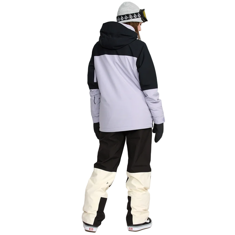 Back image of the The Volcom Stone Mica 20K Snowboard Pants – Womens with matching ski jacket in Bone colourway. Features contrast black knee, inner cuff and upper backside patches.