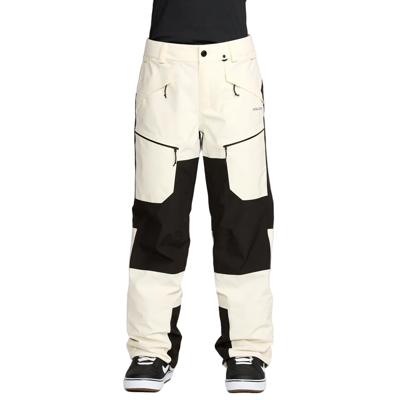 Front image of the The Volcom Stone Mica 20K Snowboard Pants – Womens in Bone colourway. Features contrast black knee, inner cuff and upper backside patches; zip and button fastening, belt loops and hip and thigh zip pockets