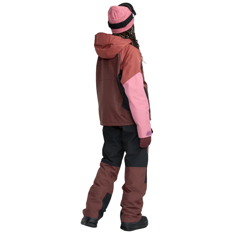 Back image of the The Volcom Stone Mica 20K Snowboard Pants – Womens with matching ski jacket in Oxblood colourway. Features contrast black knee, inner cuff and upper backside patches.