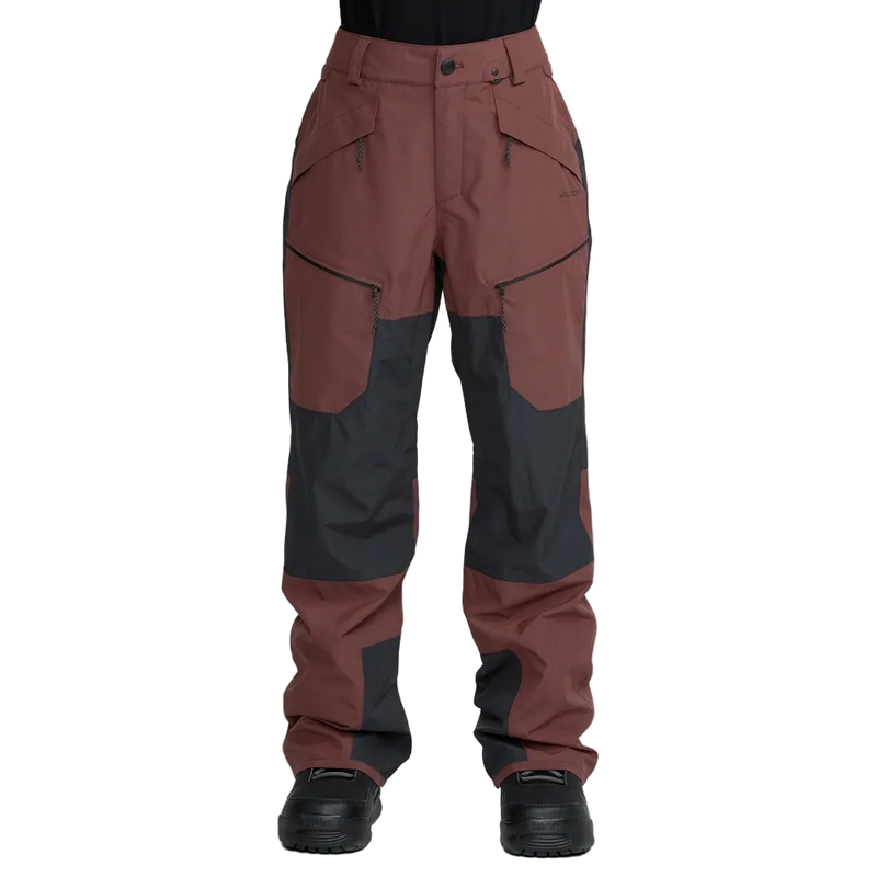 Front image of the The Volcom Stone Mica 20K Snowboard Pants – Womens in Oxblood colourway. Features contrast black knee, inner cuff and upper backside patches; zip and button fastening, belt loops and hip and thigh zip pockets