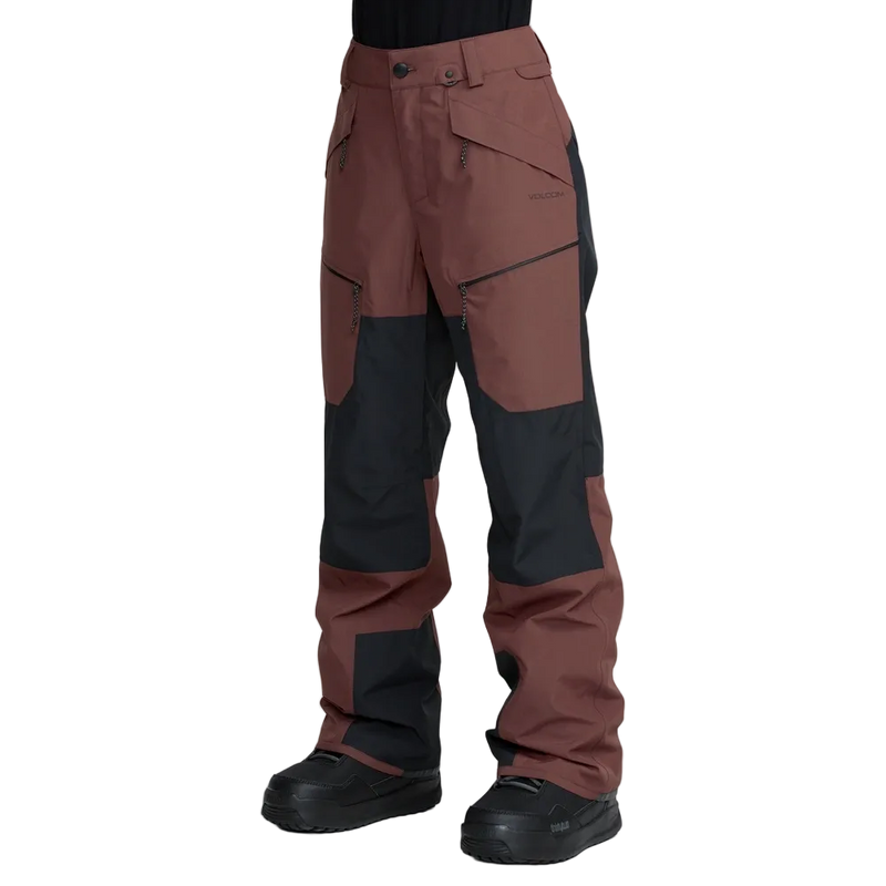 Front image of the The Volcom Stone Mica 20K Snowboard Pants – Womens in Oxblood colourway. Features contrast black knee, inner cuff and upper backside patches; zip and button fastening, belt loops and hip and thigh zip pockets