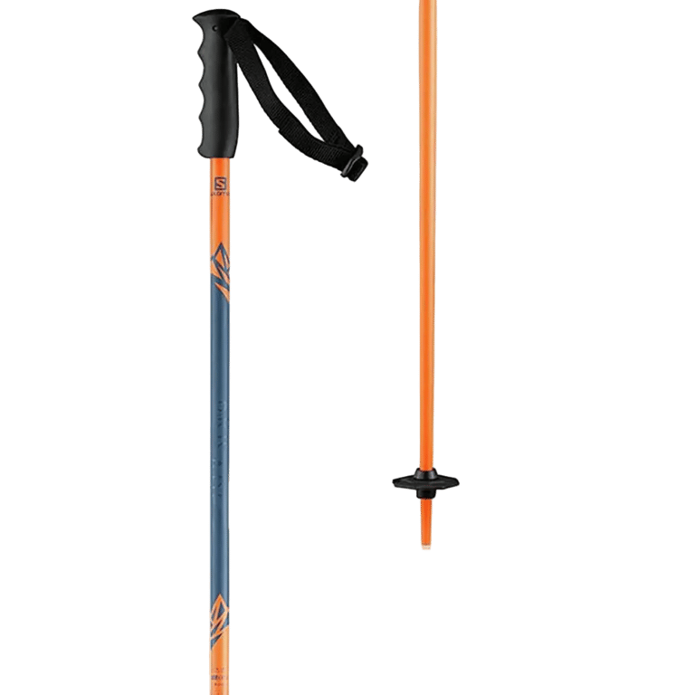 Close up view of the top and bottom Salomon Brigade Jr Ski single Pole in orange and blue.