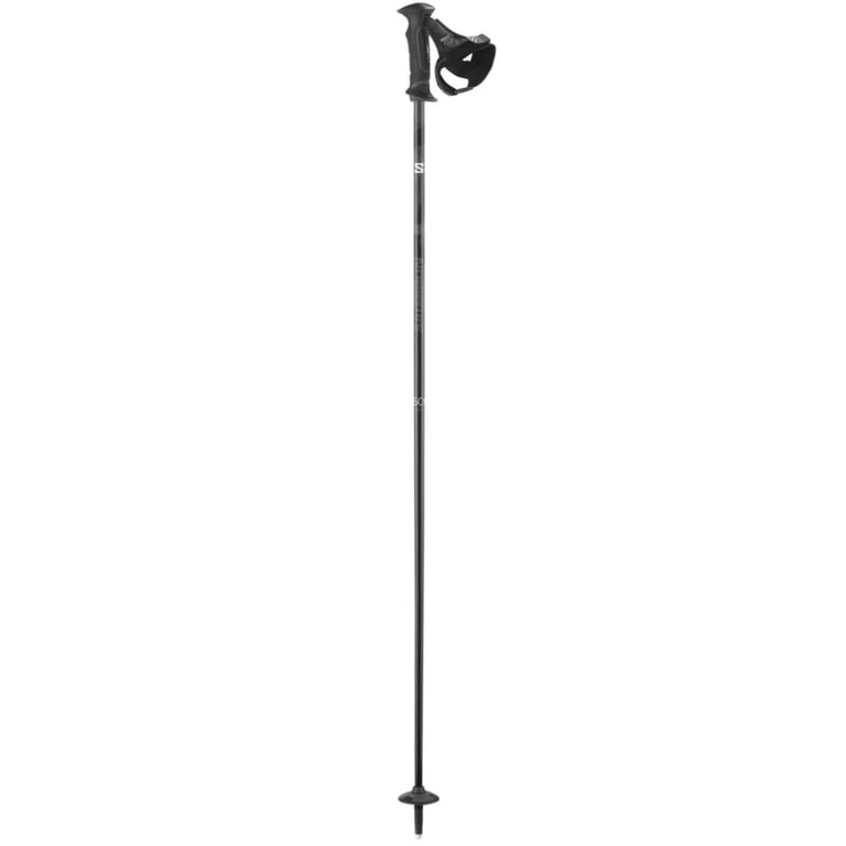 a single Salomon SC1 Ski Pole in black with black baskets and an ergonomic grip with wrap around adjustable wrist strap.