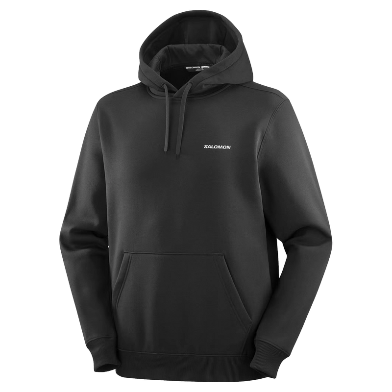 Main view of the Salomon Chest Logo Hoodie in Deep Black colourway, unisex model