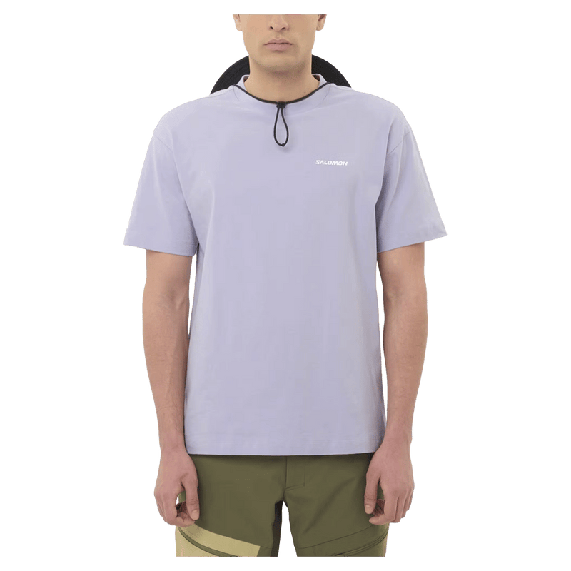 Main view of the Salomon Chest Logo Tee in Cosmic Sky colourway, unisex model