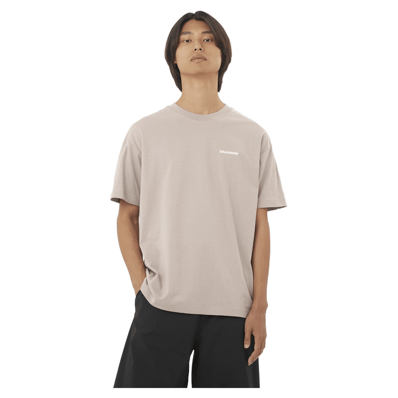 Front view of the Salomon Chest Logo Tee in Ethherea colourway, unisex model