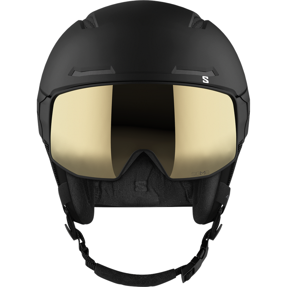 Front view of Salomon Driver Pro Sigma Visor Helmet in Black colour, featuring MIPS protection, EPS4D, dial fit system, active ventilation and goggles included