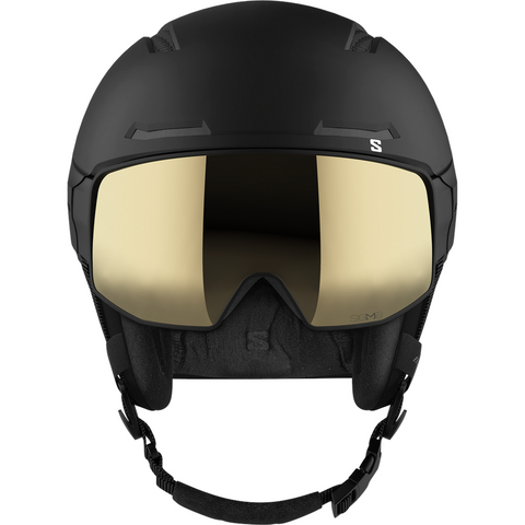 Front view of Salomon Driver Pro Sigma Visor Helmet in Black colour, featuring MIPS protection, EPS4D, dial fit system, active ventilation and goggles included