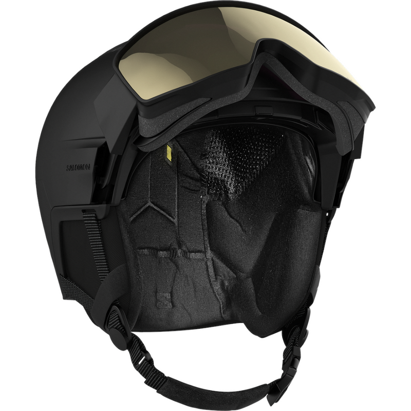 Open view of Salomon Driver Pro Sigma Visor Helmet in Black colour, featuring MIPS protection, EPS4D, dial fit system, active ventilation and goggles included