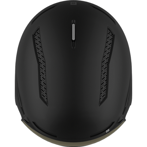 Top view of Salomon Driver Pro Sigma Visor Helmet in Black colour, featuring MIPS protection, EPS4D, dial fit system, active ventilation and goggles included