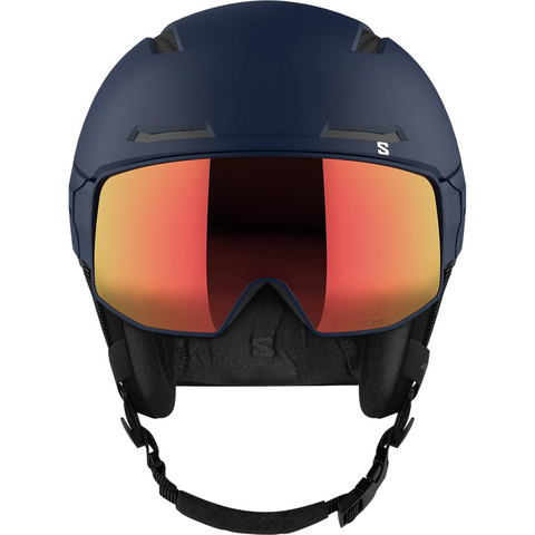 Front view of Salomon Driver Pro Sigma Visor Helmet in Blue colour, featuring MIPS protection, EPS4D, dial fit system, active ventilation and goggles included