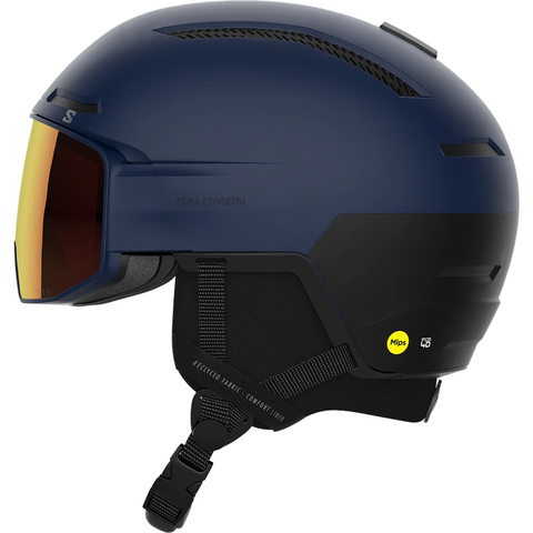 Side view of Salomon Driver Pro Sigma Visor Helmet in Blue colour, featuring MIPS protection, EPS4D, dial fit system, active ventilation and goggles included