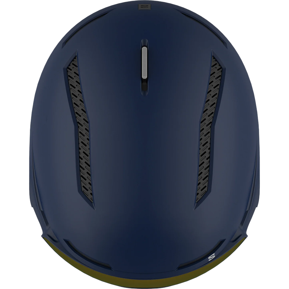 Top view of Salomon Driver Pro Sigma Visor Helmet in Blue colour, featuring MIPS protection, EPS4D, dial fit system, active ventilation and goggles included