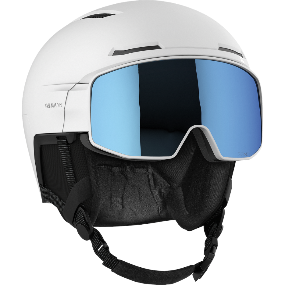 Main view of Salomon Driver Pro Sigma Visor Helmet in White colour, featuring MIPS protection, EPS4D, dial fit system, active ventilation and goggles included