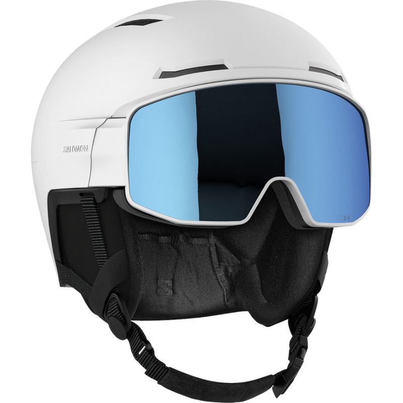 Main view of Salomon Driver Pro Sigma Visor Helmet in White colour, featuring MIPS protection, EPS4D, dial fit system, active ventilation and goggles included