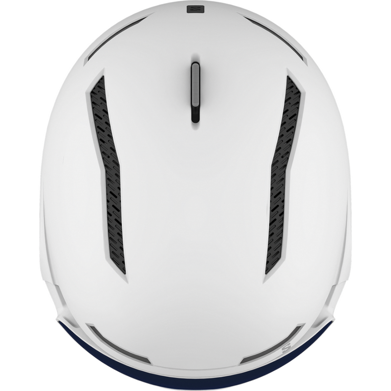 Top view of Salomon Driver Pro Sigma Visor Helmet in White colour, featuring MIPS protection, EPS4D, dial fit system, active ventilation and goggles included