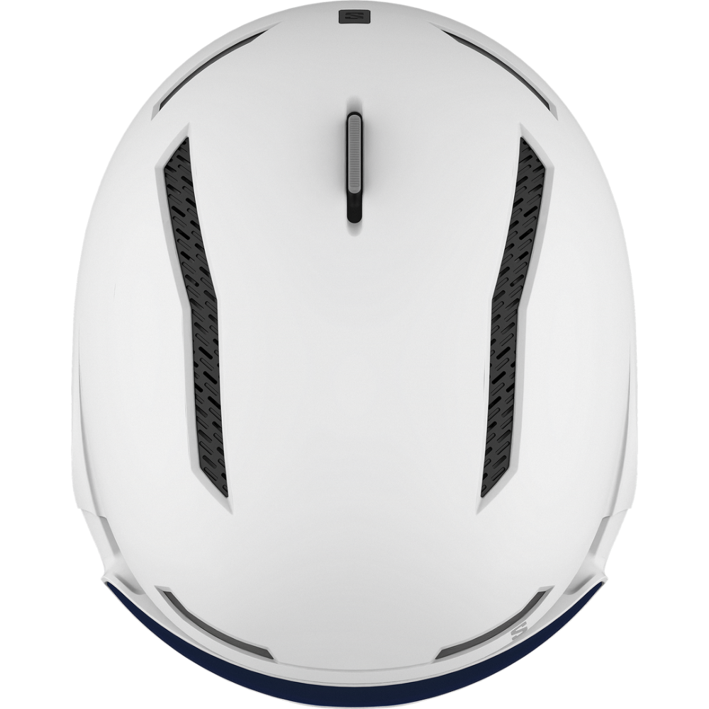 Top view of Salomon Driver Pro Sigma Visor Helmet in White colour, featuring MIPS protection, EPS4D, dial fit system, active ventilation and goggles included