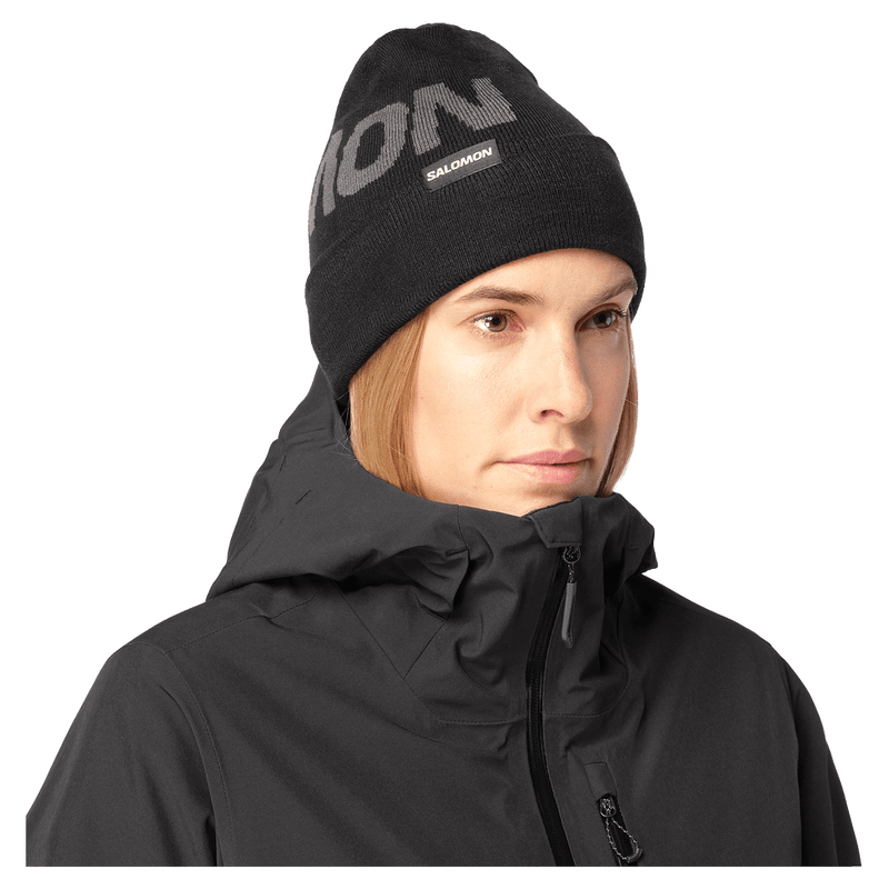 Worm view of the Salomon Hermitage Beanie in Deep Black colourway, unisex model
