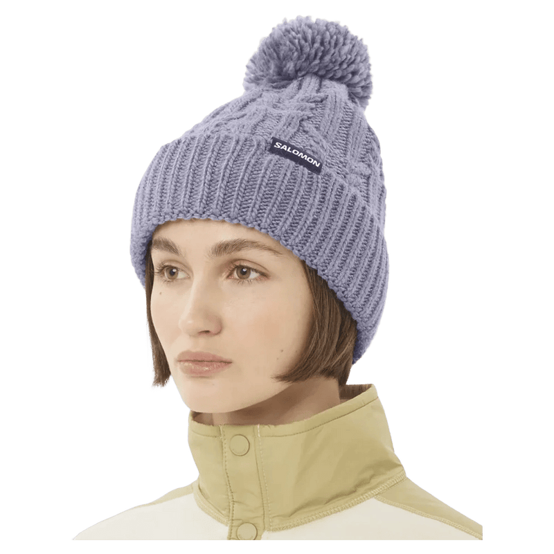 Worm view of the Salomon Ivy Beanie in Blue Granite colourway, women model