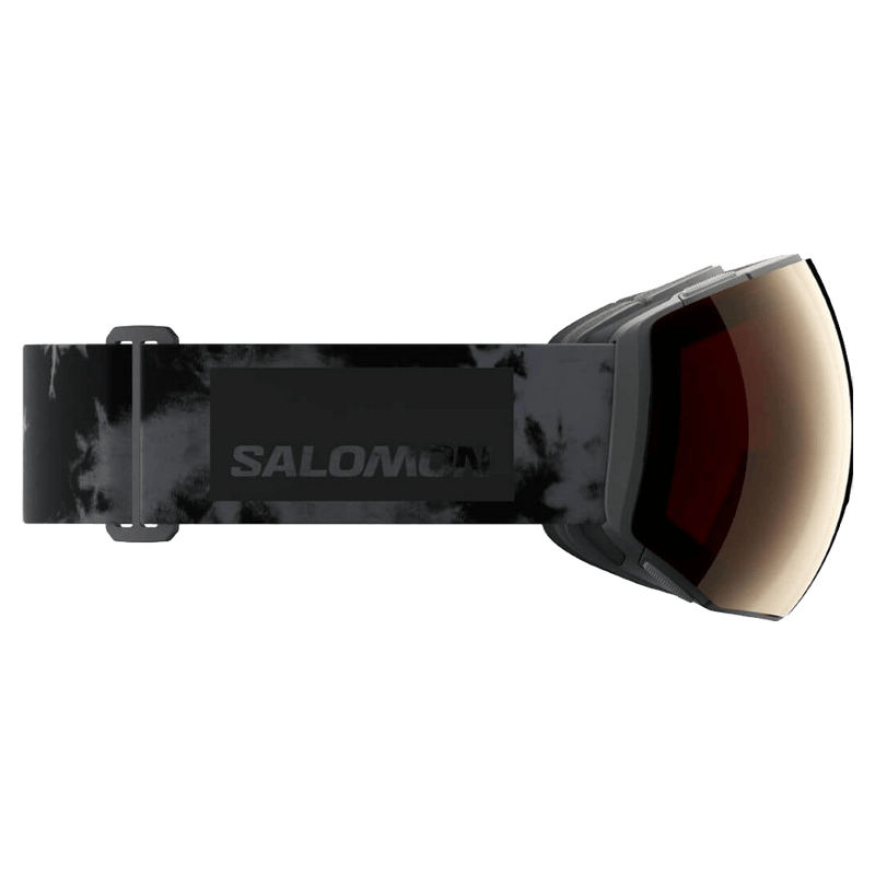 Side view of the Salomon Radium Prime Goggles in Black Tie Dye, Sigma Gun Metal lens, unisex model