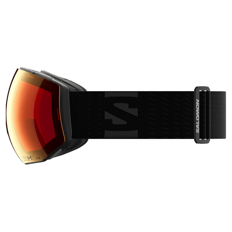 Side view of the Salomon Radium Prime Goggles in Black, Sigma Photo Poppy Red lens, unisex model