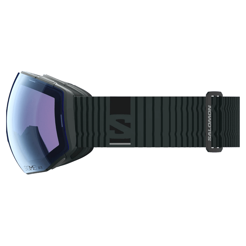 Side view of the Salomon Radium Prime Goggles in Green Gables, Sigma Photo Sky Blue lens, unisex model