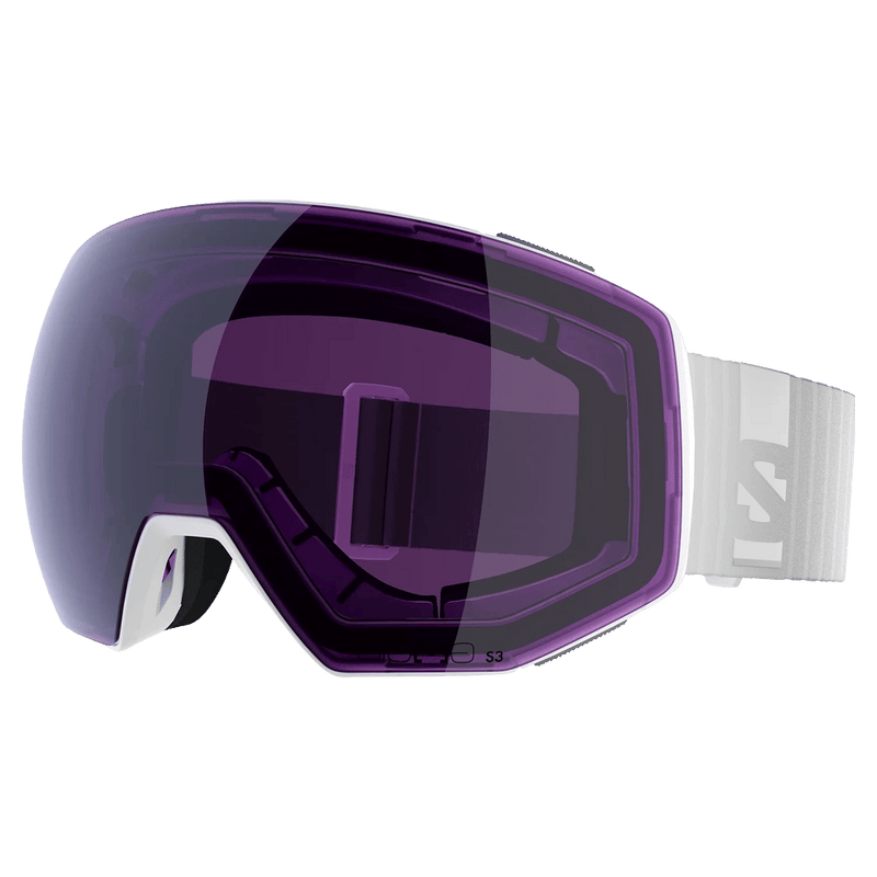 Main view of the Salomon Radium Prime Goggles in White, Sigma Photo Sky Blue lens, unisex model