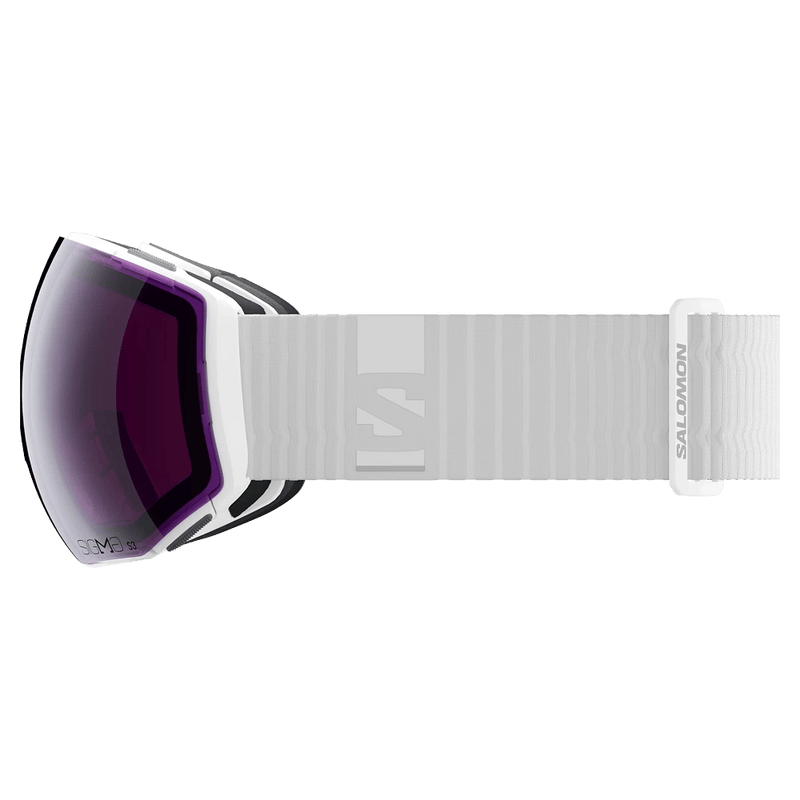 Side view of the Salomon Radium Prime Goggles in White, Sigma Photo Sky Blue lens, unisex model