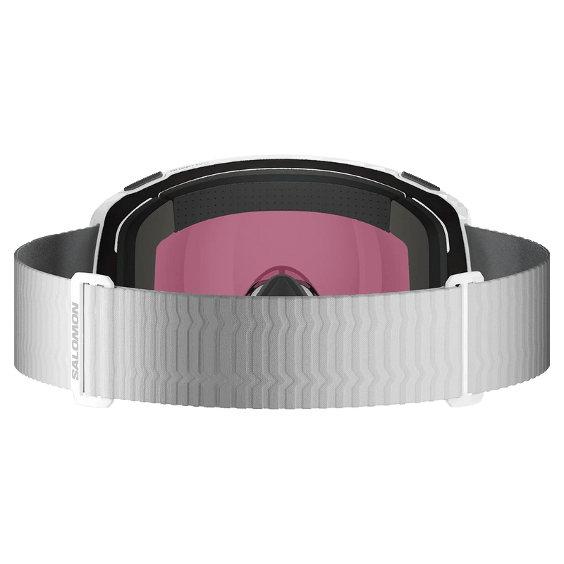 Back view of the Salomon Radium Prime Goggles in White, Sigma Photo Sky Blue lens, unisex model