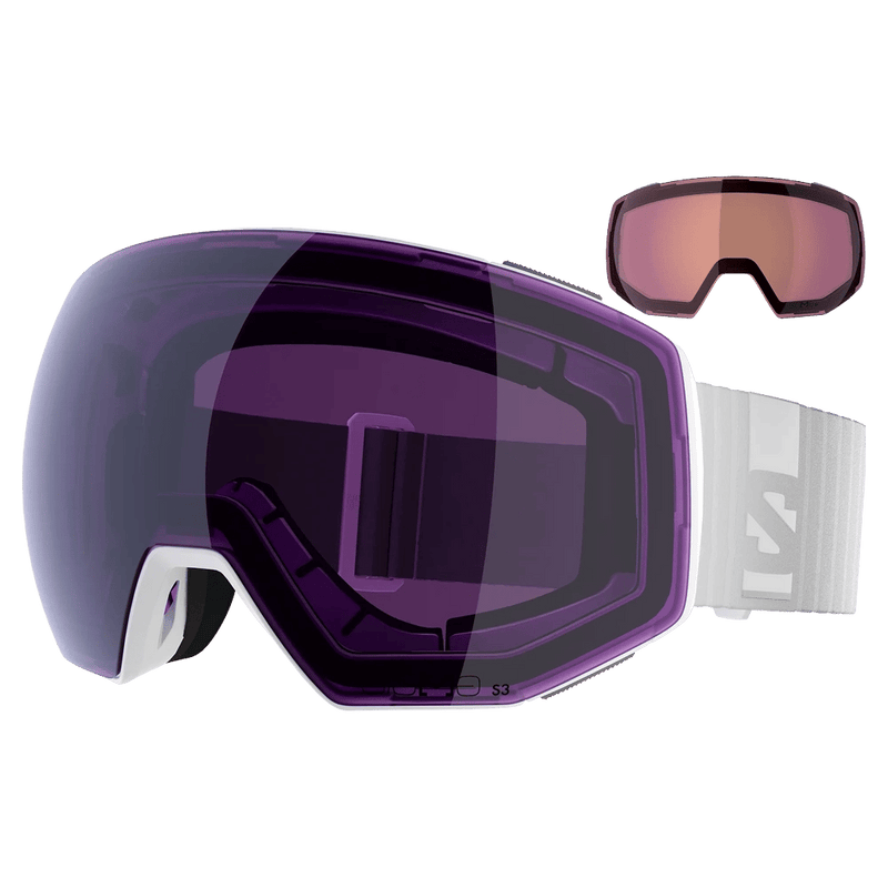 Alternative view of the Salomon Radium Prime Goggles in White, Sigma Photo Sky Blue lens, unisex model