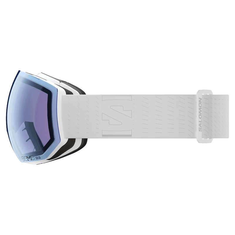 Side view of the Salomon Radium Pro Photo Goggles in White, Sigma Photo Sky Blue lens, unisex model