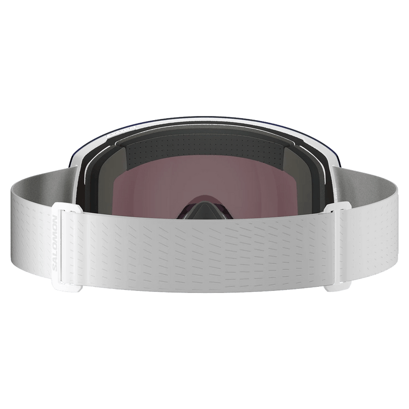 Back view of the Salomon Radium Pro Photo Goggles in White, Sigma Photo Sky Blue lens, unisex model