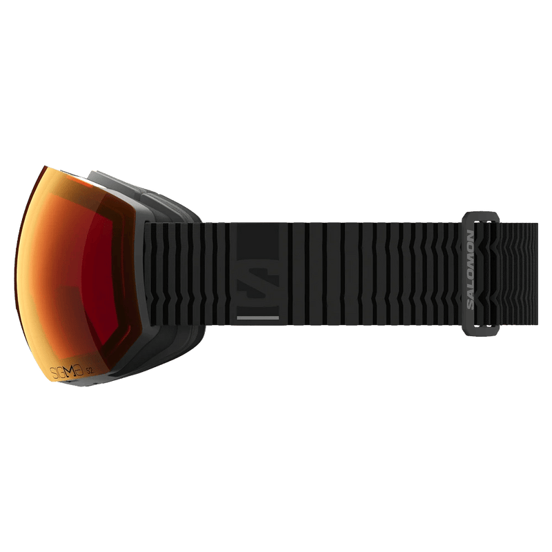 Side view of the Salomon Radium Pro Goggles in Black, Sigma Poppy Red lens, unisex model