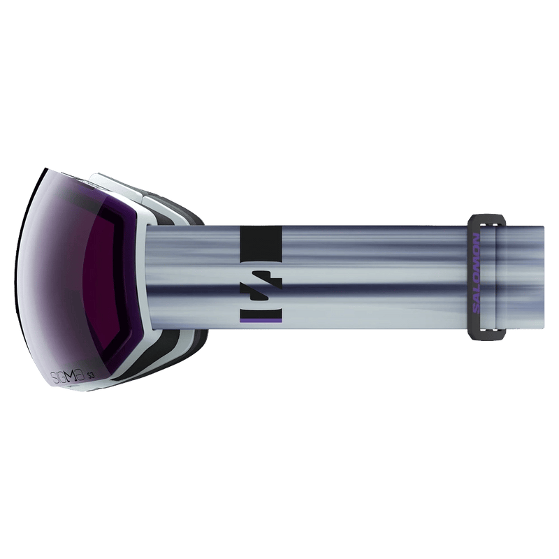 Side view of the Salomon Radium Pro Goggles in Ice Flow, Sigma Sky Blue lens, unisex model