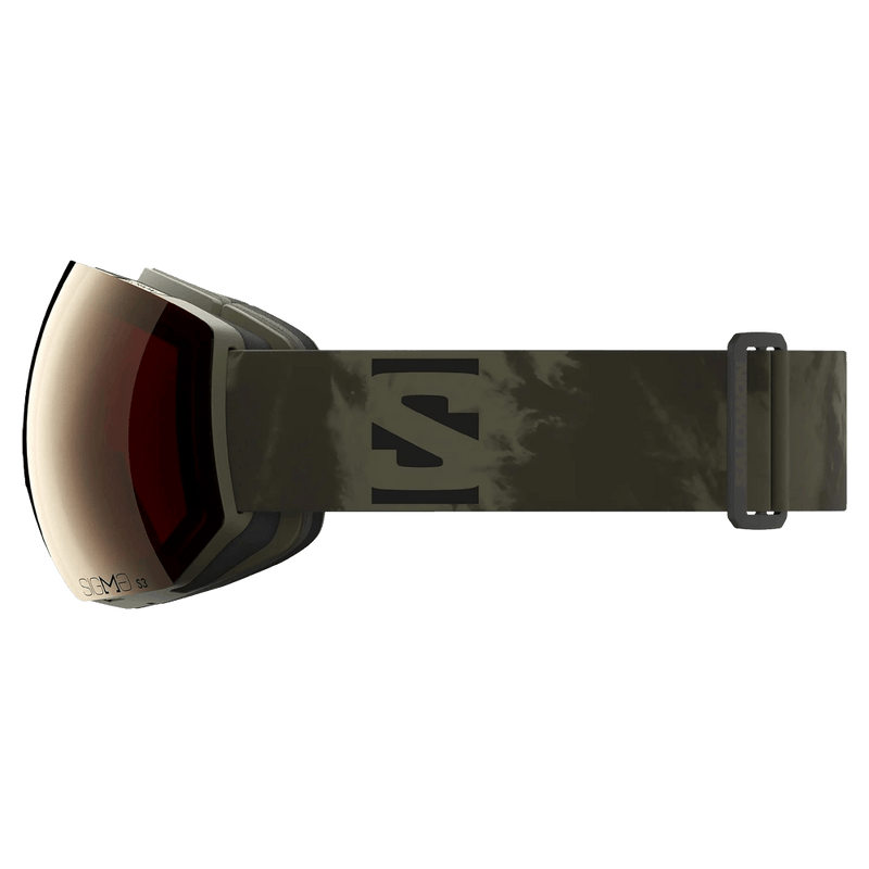 Side view of the Salomon Radium Pro Goggles in Olive Night, Sigma Gun Metal lens, unisex model